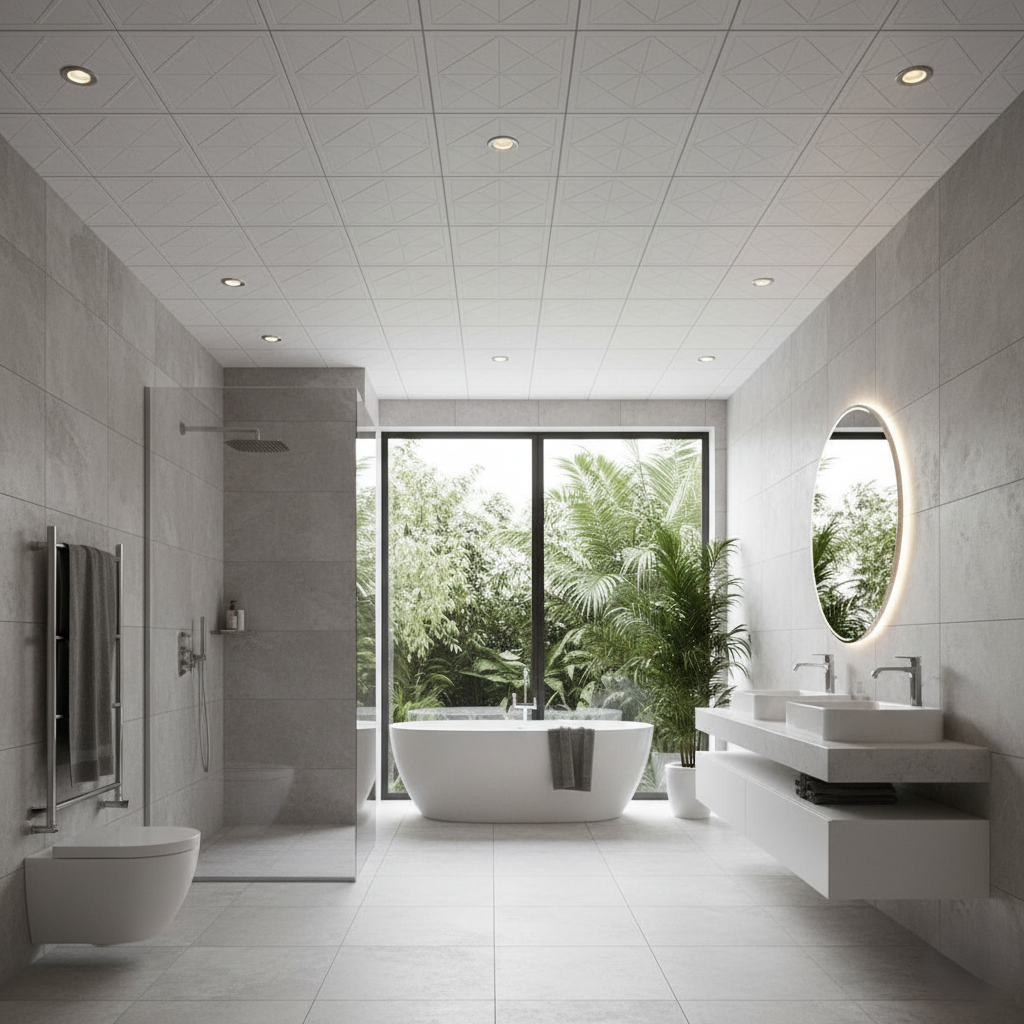 waterproof ceiling tiles installed in a modern bathroom