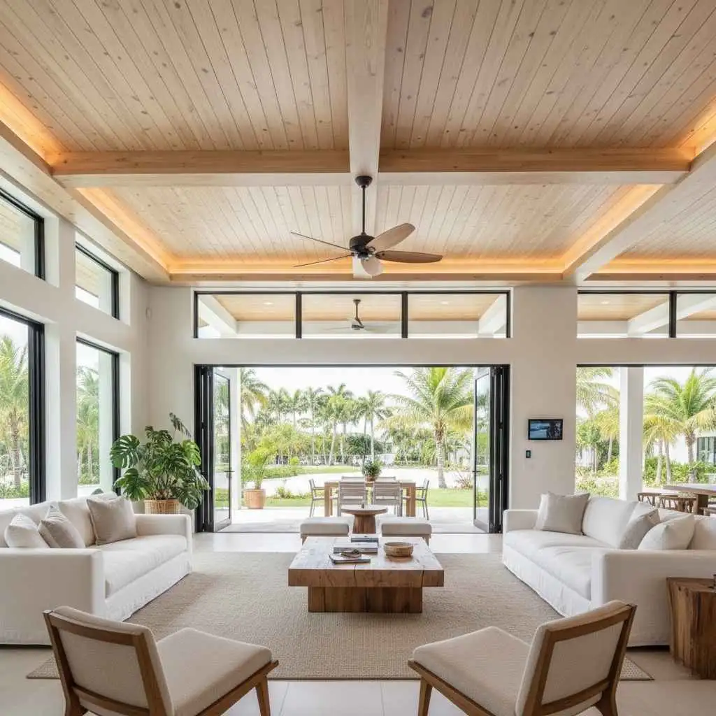  Coastal living room with light wood ceiling