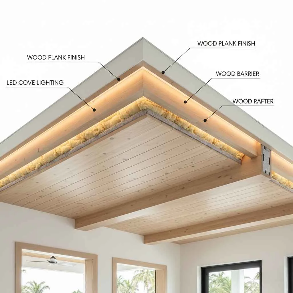 Cross-section of insulated wood ceiling installation